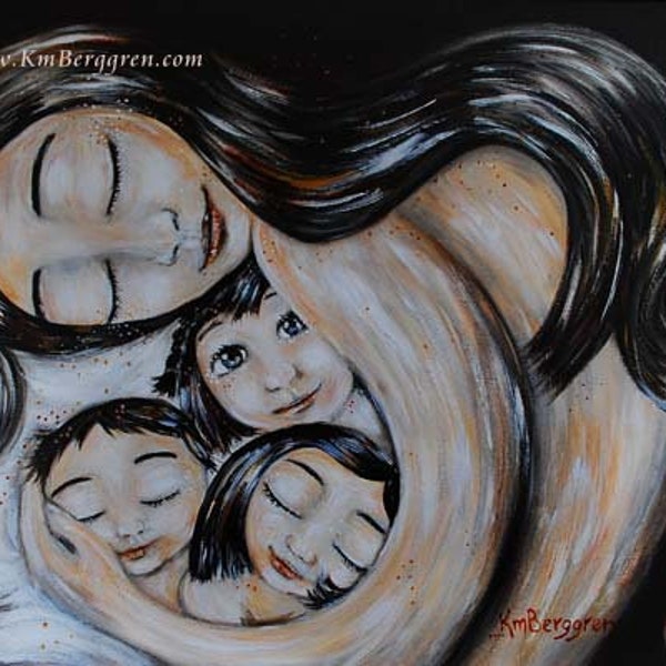 Dark long hair mom with three children, archival signed archival print from original painting - Veva's Home