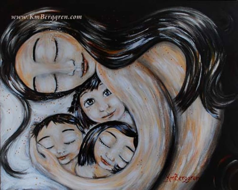 Dark long hair mom with three children, archival signed archival print from original painting - Veva's Home 