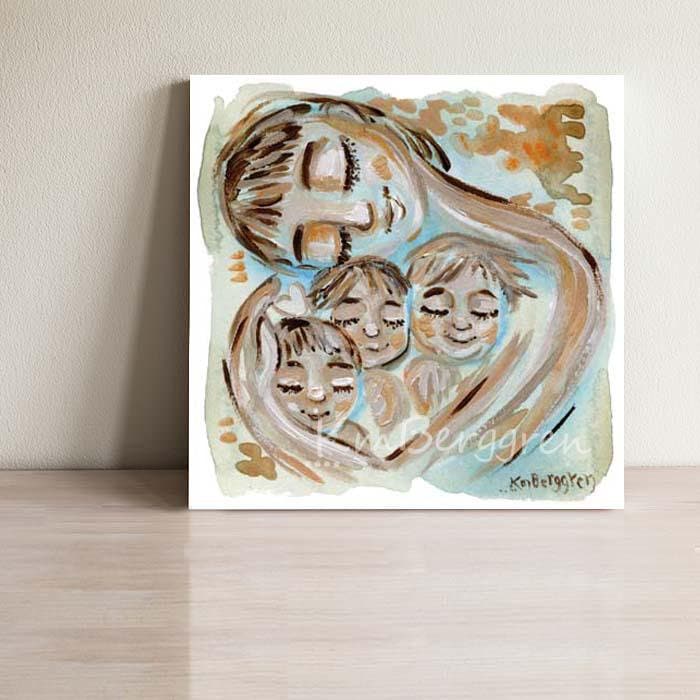 Valentine - mother with 3 children, blue and orange art print - limited edition option