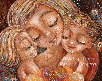 Mother of 2 Gift, Autographed Motherhood Art by KmBerggren - Holding Hearts