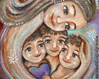 Mother's Day Gift for Mom Of Three - Customize Eye and Hair Colors with an Embellished Print, Art by KmBerggren - Trust In Kindness