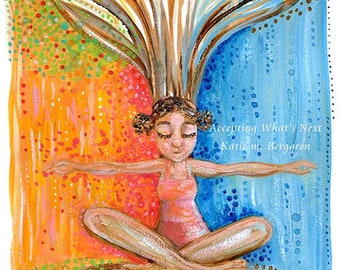 Accepting What's Next - Young Woman sitting in yoga post - warm gold positive aura art - limited edition option