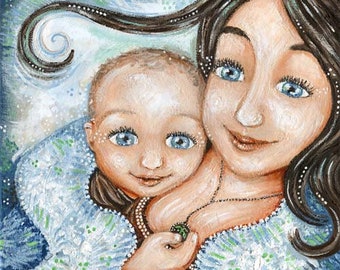 Mama and Blue Eyed Baby art print on heavy paper, Cuddle Baby - Embraced In A Dream