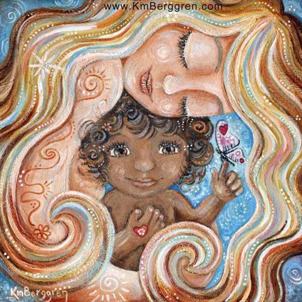 Cadeau pour enfant nouvellement adopté, enfant biracial avec de beaux yeux, cadeaux pour les mamans qui adoptent, art de KmBerggren - Born In My Heart