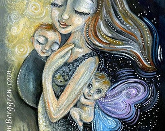 Mother with Rainbow Baby & Angel Baby, Lost Twin, Angel Watching Over Baby, signed print from a painting by KmBerggren - 1000 Feelings