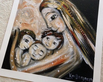 Long haired mother cradling three children, archival signed motherhood print from an original painting - Inner Peace