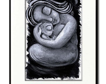 ORIGINAL ART One-Of-A-Kind Black & White Painting of Mom Breastfeeding Baby by KmBerggren - Nourish