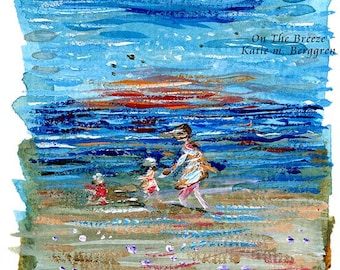 On The Breeze - Mother with two kids on the beach, coastal art, windy beach painting - limited edition option