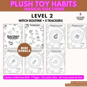 Può includere: Un pacchetto di grafici di compiti stampabili per bambini, a tema strega. I grafici includono tracker per vari compiti, con il testo "Nicole's Magical Witch Routine" e "Level 2". Il design è in bianco e nero.
