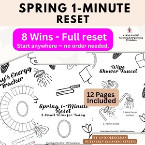 Könnte beinhalten: Druckbares Reinigungs- und Organisationssystem mit dem Text "SPRING 1-MINUTE RESET". Das Bild enthält einen "Today's Energy Tracker" und Reinigungsanweisungen. Der Text "8 Wins - Full reset" wird in einem rosa Rechteck angezeigt. Das Bild enthält 12 Seiten.