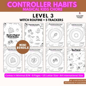 Könnte beinhalten: Ein schwarz-weißes druckbares Aufgabenkarten-Bundle mit dem Titel "Controller Habits" mit den Texten "Magical Kids Chore" und "Level 3". Das Bundle enthält eine Hexenroutine und fünf Tracker mit dem Text "Comes in Minimal B/W • 8 Pages • US Letter Size • A4 International Size."