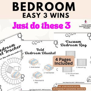 May include: A set of printable bedroom cleaning and organizing charts featuring the text Bedroom Easy 3 Wins, Just do these 3, Bedroom Reset Tracker, Fold Bedroom Blanket, and Vacuum Bedroom Rug, with illustrations of blankets and rugs.