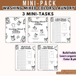 Puede incluir: Un conjunto de cinco páginas imprimibles en blanco y negro con ilustraciones y texto sobre el tema de la colada. Las páginas incluyen títulos como "Washing Mixed Colors Laundry" y "Collect Mixed Colors Tracker". El texto fomenta la creación de hábitos y el aprendizaje de la organización.