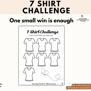 Op de afbeelding: Een wit printbaar blad met de titel 7 Shirt Challenge en de instructie Color 1 shirt when you wash one. Het bevat zeven zwart omlijnde t-shirtpictogrammen in rijen, een vlinder en een lijntekening van een hart aan de onderkant.