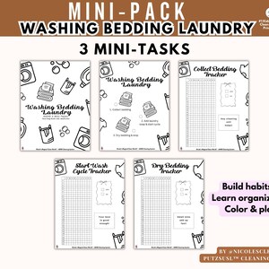 Puede incluir: Un conjunto de cinco hojas imprimibles en blanco y negro con el texto "Washing Bedding Laundry" y "3 Mini-Tasks". Las hojas incluyen rastreadores para recolectar, lavar y secar la ropa de cama, con espacio para notas y listas de verificación.