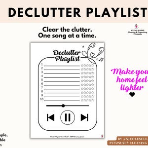Könnte beinhalten: Ein weißes, bedruckbares Blatt mit dem Titel Declutter Playlist in schwarzer Schrift und Strichzeichnung. Es enthält eine Liste von eins bis zehn mit Sternbewertungen, eine Musikplayer-Oberfläche und Kopfhörer mit einem Herz und Noten.