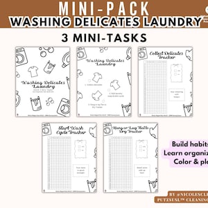 Puede incluir: Un conjunto de rastreadores de lavandería imprimibles en blanco con el texto "Washing Delicates Laundry" y "3 Mini-Tasks". El conjunto incluye rastreadores para recolectar prendas delicadas, ciclos de lavado y secado. El diseño presenta ilustraciones relacionadas con la lavandería.