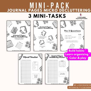 Puede incluir: Un conjunto de páginas de diario imprimibles para micro-despejar, con un rastreador de estado de ánimo y listas de tareas. Las páginas en blanco y negro presentan ilustraciones florales y de calendario, diseñadas para colorear y crear hábitos.