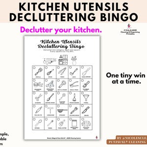 May include: A black and white printable Kitchen Utensils Decluttering Bingo game sheet. The grid features twenty-five squares, each containing a line drawing of a kitchen tool like a spatula, whisk, tongs, ladle, and pizza cutter with labels.