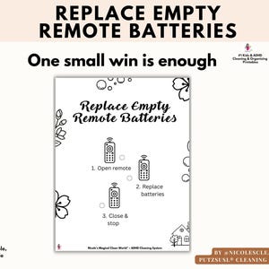 May include: A printable guide with the text "REPLACE EMPTY REMOTE BATTERIES" and instructions. The guide includes illustrations of remote controls and steps: Open, Replace Batteries, and Close. The text "One small win is enough" is also included.