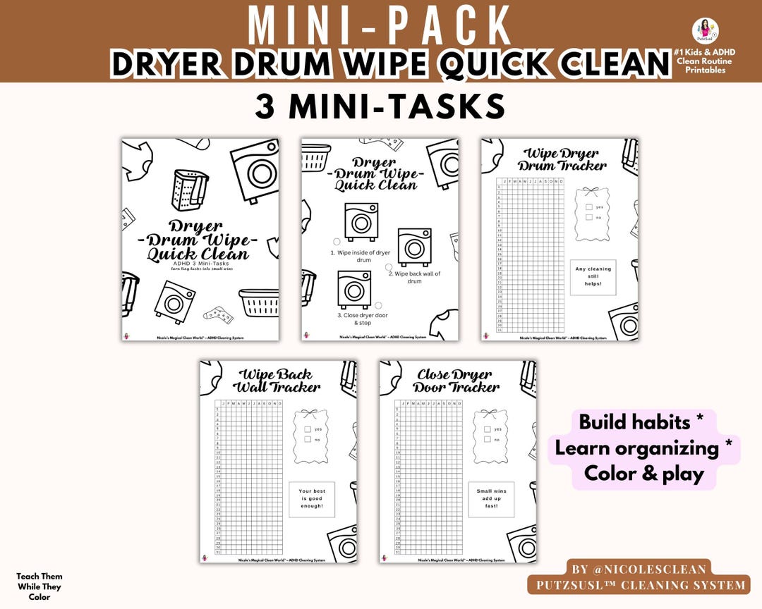 Dryer Drum Wipe Quick Clean Mini Pack – ADHD Cleaning Printable – 3 ...