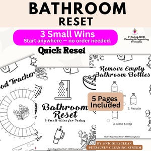 Puede incluir: Guía imprimible en blanco y negro para restablecer el baño con el texto "Bathroom Reset" y "3 Small Wins". Incluye un rastreador de estado de ánimo e instrucciones para quitar botellas vacías. La guía está diseñada para limpiar y organizar.