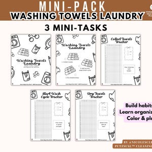 Puede incluir: Un conjunto de cinco hojas de tareas de lavandería imprimibles en blanco y negro. Las hojas incluyen títulos como "Washing Towels Laundry" y "Collect Towels Tracker". El texto "Build habits, Learn organizing, Color & play" también es visible.