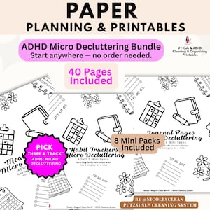 May include: A bundle of printable planning pages for ADHD micro decluttering. The design includes a pink banner with the text "ADHD Micro Decluttering Bundle" and "40 Pages Included". The pages feature black and white illustrations of calendars, notebooks, and to-do lists.