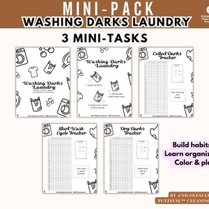 Puede incluir: Un conjunto de cinco hojas de tareas de lavandería imprimibles en blanco y negro. Las hojas incluyen títulos como "Washing Darks Laundry" y "Collect Darks Tracker". El texto "Build habits, Learn organizing, Color & play" también es visible.