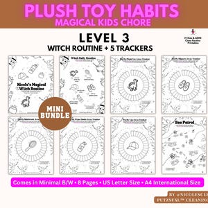 Può includere: Un set di grafici di attività stampabili in bianco e nero con il testo "PLUSH TOY HABITS" e "WITCH ROUTINE + 5 TRACKERS". I grafici includono illustrazioni di una strega, un dinosauro e altre immagini adatte ai bambini. Il pacchetto è etichettato "MINI BUNDLE".
