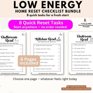 Bundel energiebesparende thuisreset-checklist – 6 eenvoudige resetpagina’s – ADHD-vriendelijke reiniging Afdrukbaar – Snelle thuisreset – Reiniging zonder druk