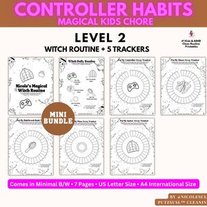 Könnte beinhalten: Ein druckbares Mini-Bundle mit Aufgabenlisten für Kinder, mit einem Hexen-Thema. Die Listen umfassen eine tägliche Routine und Tracker für verschiedene Aufgaben. Der Text enthält "Controller Habits" und "Magical Kids Chore".