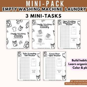 Puede incluir: Un mini-paquete imprimible en blanco y negro con el texto "EMPTY WASHING MACHINE LAUNDRY" y "3 MINI-TASKS". El paquete incluye rastreadores para tareas de lavandería, con las frases "Build habits", "Learn organizing" y "Color & play".
