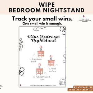 Könnte beinhalten: Ein weißes Poster mit dem Text "Wipe Bedroom Nightstand" und Reinigungsanweisungen. Das Bild enthält Illustrationen eines Nachttisches und einer Lampe mit floralen und dekorativen Elementen.