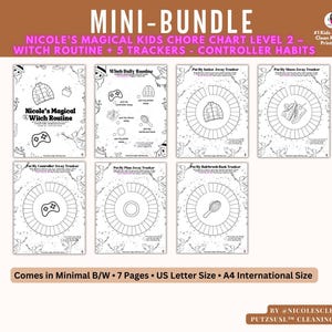 May include: A black and white printable chore chart bundle for children, with a witch theme. The bundle includes a witch routine chart and five trackers for various habits. The text on the image says "Nicole's Magical Kids Chore Chart Level 2".