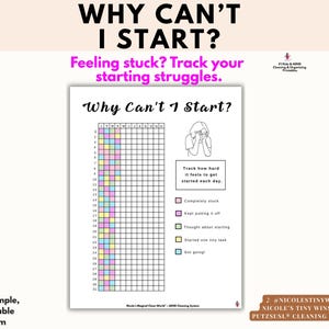 Puede incluir: Un rastreador imprimible titulado Why Can't I Start? con una cuadrícula para seguir tareas diarias. Incluye un dibujo lineal de una persona con la cabeza entre las manos y una leyenda codificada por colores para los niveles de dificultad.