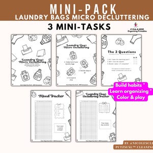 Puede incluir: Un conjunto de páginas imprimibles en blanco y negro para la organización de la colada, con el texto "Laundry Bags Micro Decluttering" y "3 Mini-Tasks". Incluye un rastreador de estado de ánimo y avisos de limpieza. Diseñado para colorear y crear hábitos.