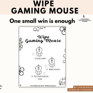Puede incluir: Una impresión blanca con el texto "Wipe Gaming Mouse" y una guía de limpieza. La guía incluye los pasos: Coge un paño, Limpia el ratón y Vuelve a poner el paño y para. La imagen tiene elementos decorativos florales y circulares.