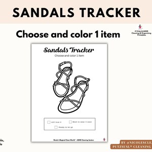 May include: A black and white printable page titled Sandals Tracker with the instruction Choose and colour 1 item. It features a line drawing of two sandals and a box with three checkboxes labelled still love it, Want to wear it soon, and Ready to let go.