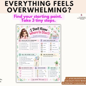 Puede incluir: Una lista de verificación imprimible titulada I Don't Know Where to Start con siete secciones numeradas para la gestión de tareas. Incluye un personaje de dibujos animados, un conejo, bordes florales y casillas de verificación.