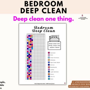 May include: A printable Bedroom Deep Clean tracker sheet featuring a grid for monthly tasks, a bed illustration, and a color-coded legend for cleaning activities like decluttering, dusting, and cleaning furniture, floors, and windows.