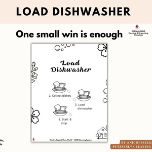 Pode incluir: Uma impressão branca com as palavras "LOAD DISHWASHER" no topo. Abaixo, lê-se "One small win is enough". A imagem inclui um guia passo a passo com ilustrações para carregar uma máquina de lavar louça. O canto inferior esquerdo diz "Calm, simple, repeatable system."