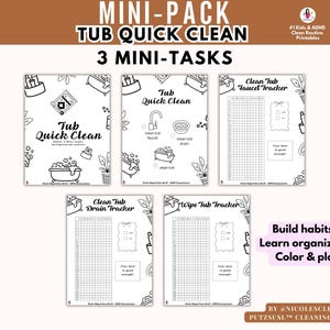 Puede incluir: Un conjunto de gráficos de rutina de limpieza imprimibles en blanco y negro para niños y personas con TDAH. Los diseños incluyen tareas como limpiar la bañera, el grifo y el desagüe. El texto incluye "Tub Quick Clean" y "3 Mini-Tasks".