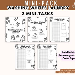 Puede incluir: Un conjunto de cinco hojas de tareas de lavandería imprimibles en blanco y negro. La hoja superior dice "Washing Whites Laundry" y "3 Mini-Tasks". Las hojas incluyen rastreadores para recolectar, lavar, secar y rastrear ciclos.
