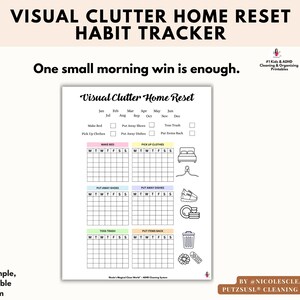 Può includere: Un tracker di abitudini stampabile intitolato Visual Clutter Home Reset con il testo One small morning win is enough. Include una lista di controllo mensile e sei griglie settimanali con icone per attività come rifare il letto e riordinare.