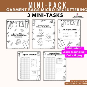 Puede incluir: Un conjunto de páginas imprimibles para organizar, con el texto "Garment Bags Micro Decluttering" y "3 Mini-Tasks". Las páginas incluyen listas de verificación, rastreadores de estado de ánimo y indicaciones para ordenar. El diseño es en blanco y negro con ilustraciones.