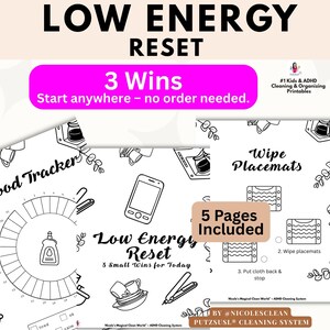 Könnte beinhalten: Druckbare Planerseiten mit dem Text "Low Energy Reset" und "3 Wins". Die Seiten enthalten einen Stimmungstracker, abwischbare Platzsets und andere Organisationstools. Das Design ist schwarz-weiß mit einem rosa Akzent.