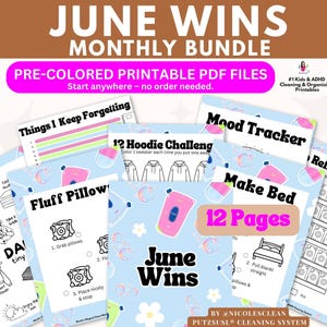Può includere: Un pacchetto di file PDF stampabili precolorati intitolato "June Wins Monthly Bundle". Il pacchetto include pagine per il monitoraggio dell'umore, rifare il letto e altri compiti organizzativi. Il design presenta uno sfondo azzurro con varie illustrazioni e testo.