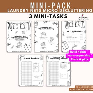 Puede incluir: Un mini-paquete imprimible con el texto "LAUNDRY NETS MICRO DECLUTTERING" y "3 MINI-TASKS". El paquete incluye páginas para ordenar, rastrear el estado de ánimo y construir hábitos. Las páginas son en blanco y negro con ilustraciones de ropa y redes de lavandería.