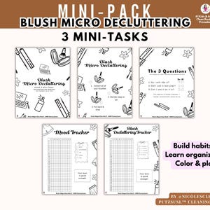 May include: A set of printable pages with the title "Blush Micro Decluttering" and "3 Mini-Tasks". The pages include illustrations of makeup items and organizational charts. Text includes "Build habits", "Learn organizing", and "Color & play".